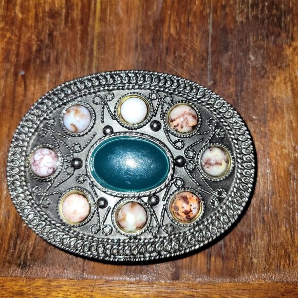 Belt Buckle Southwestern 9 Stones Pewter Tone Frame Unisex - Picture 1 of 5